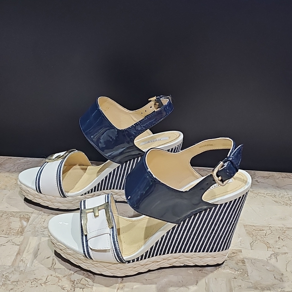 Geox Navy Patent and White Striped Wedge Sandals with Gold Accent